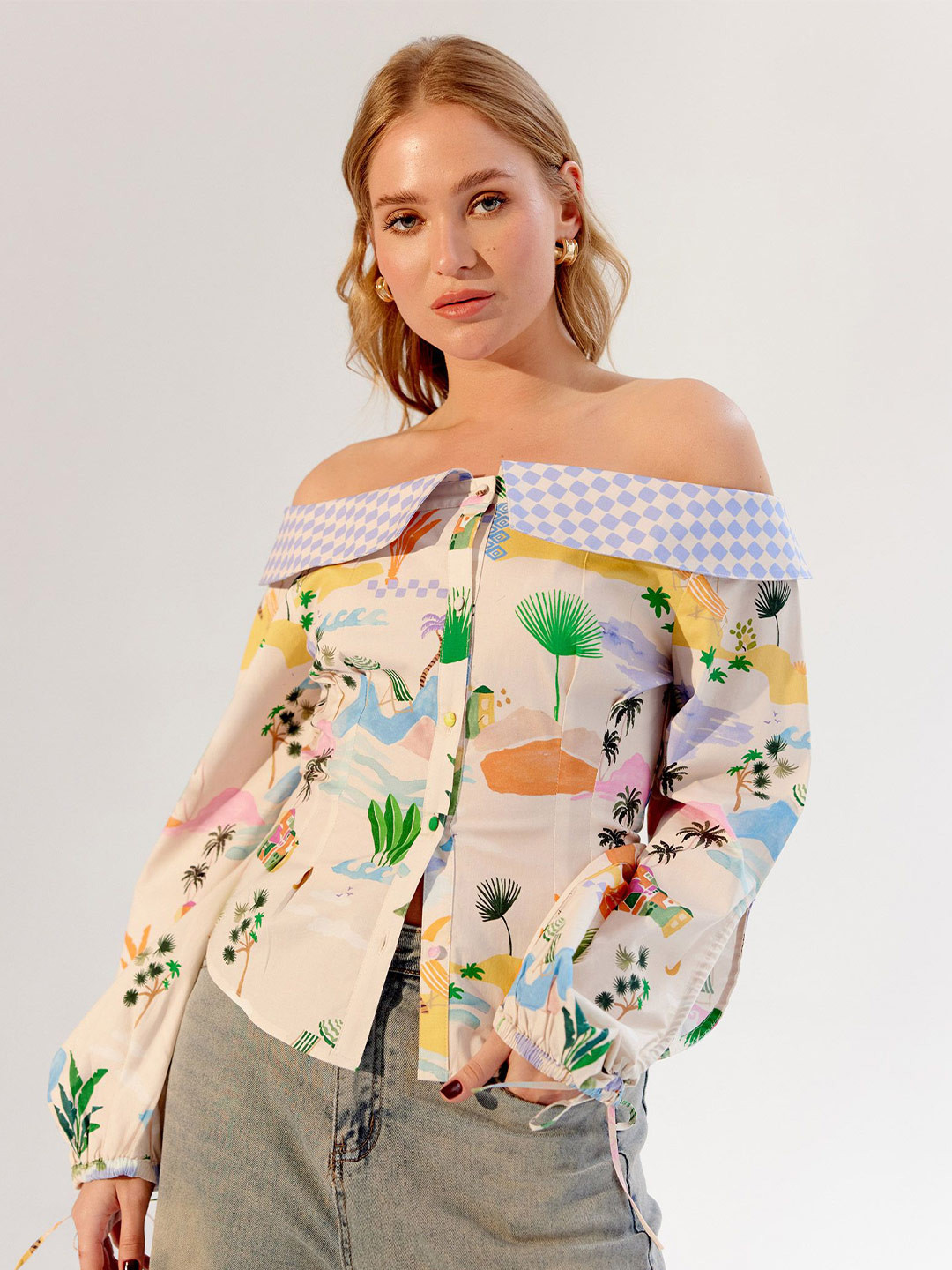 NOIB Floral Printed Collarless Drop-Shoulder Sleeves Slim Fit Cotton Shirt