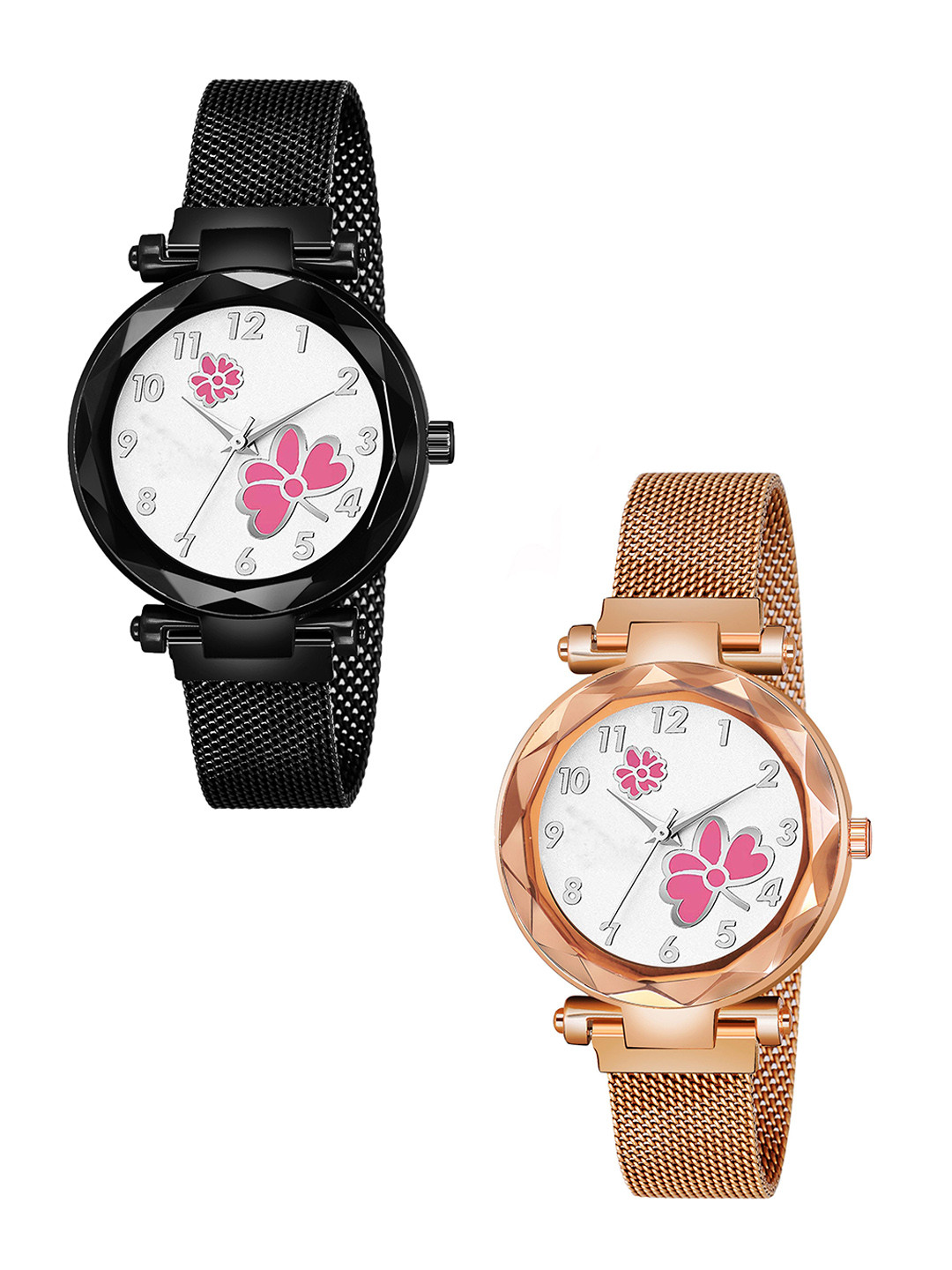 CSAMON Women Pack Of 2 Mother of Pearl  Analogue Watch GR_379 Black 315 Pink_379 Rose