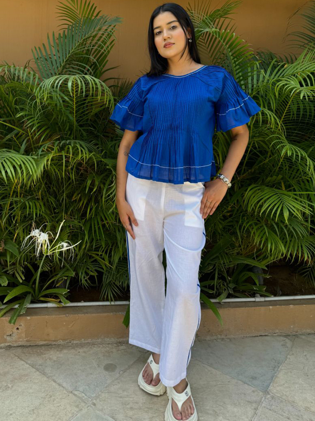 FFI Self Design Pure Cotton Round Neck Top With Trousers Co-Ords Set