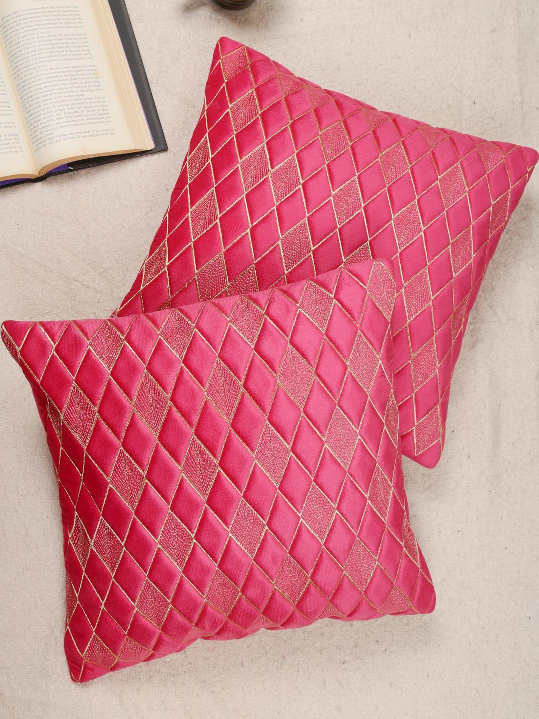 Rani Color Diamond Shaped Embroidered Design, Set of 2 Pieces Velvet Cushion Cover