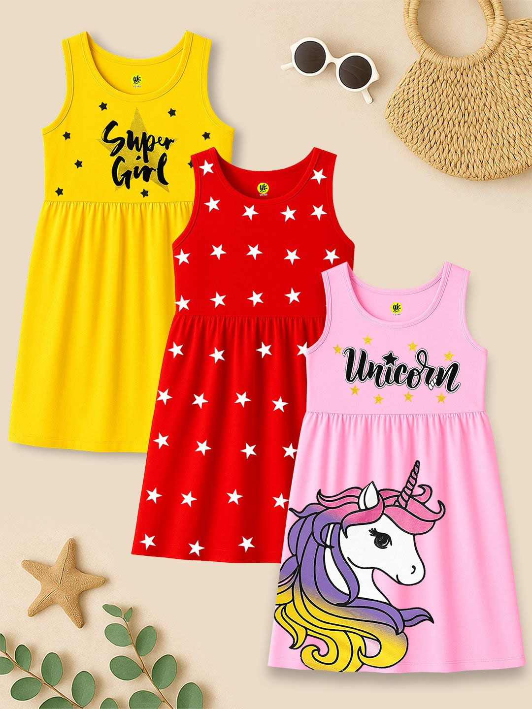 YK Girls Pack of 3 Graphic Printed A-Line Dress