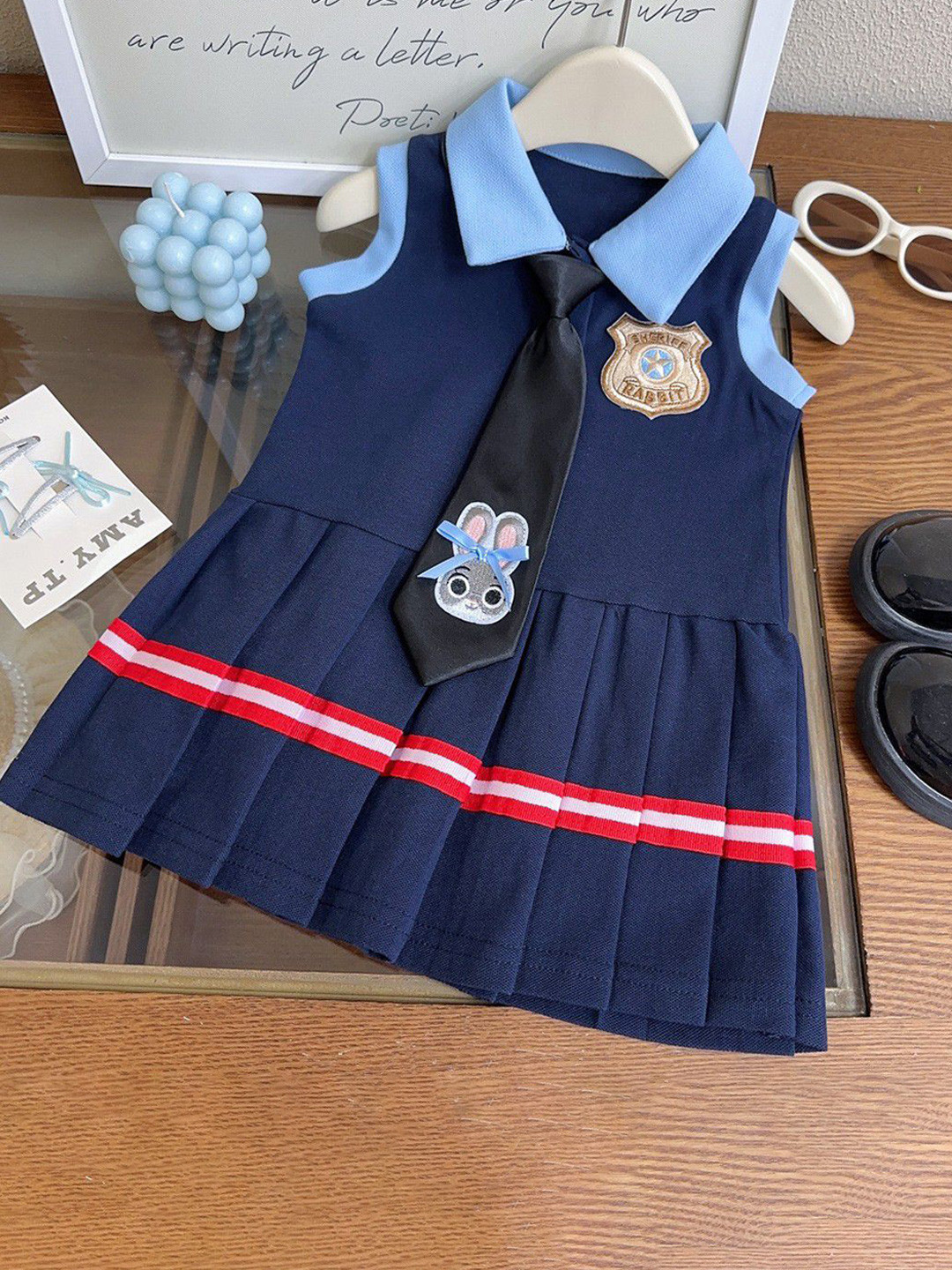 StyleCast x Revolte Girls Shirt Collar Applique Fit & Flare Dress with Tie