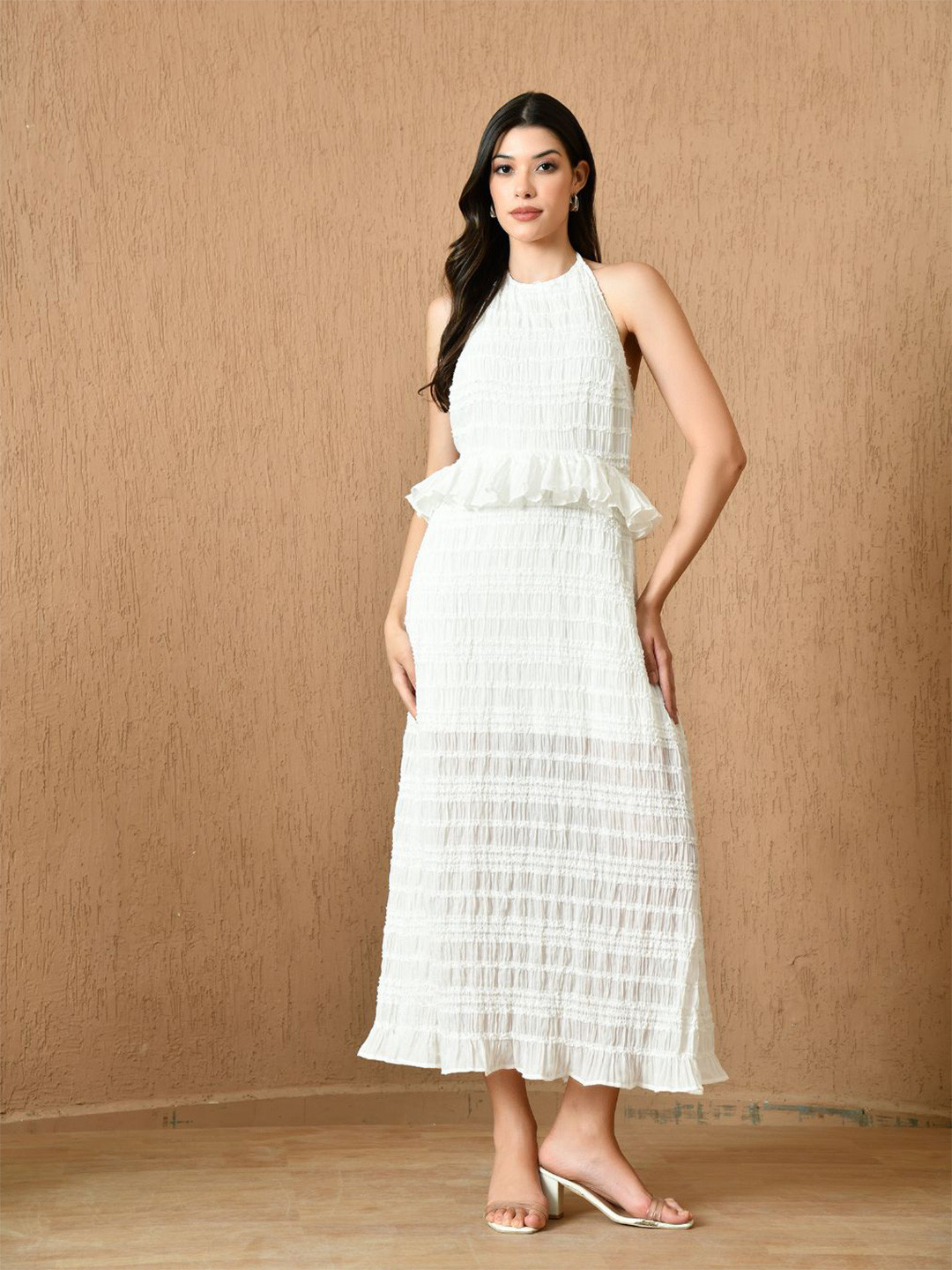 KELIN Women Halter Neck Textured Ruffled Fit & Flare Maxi Dress