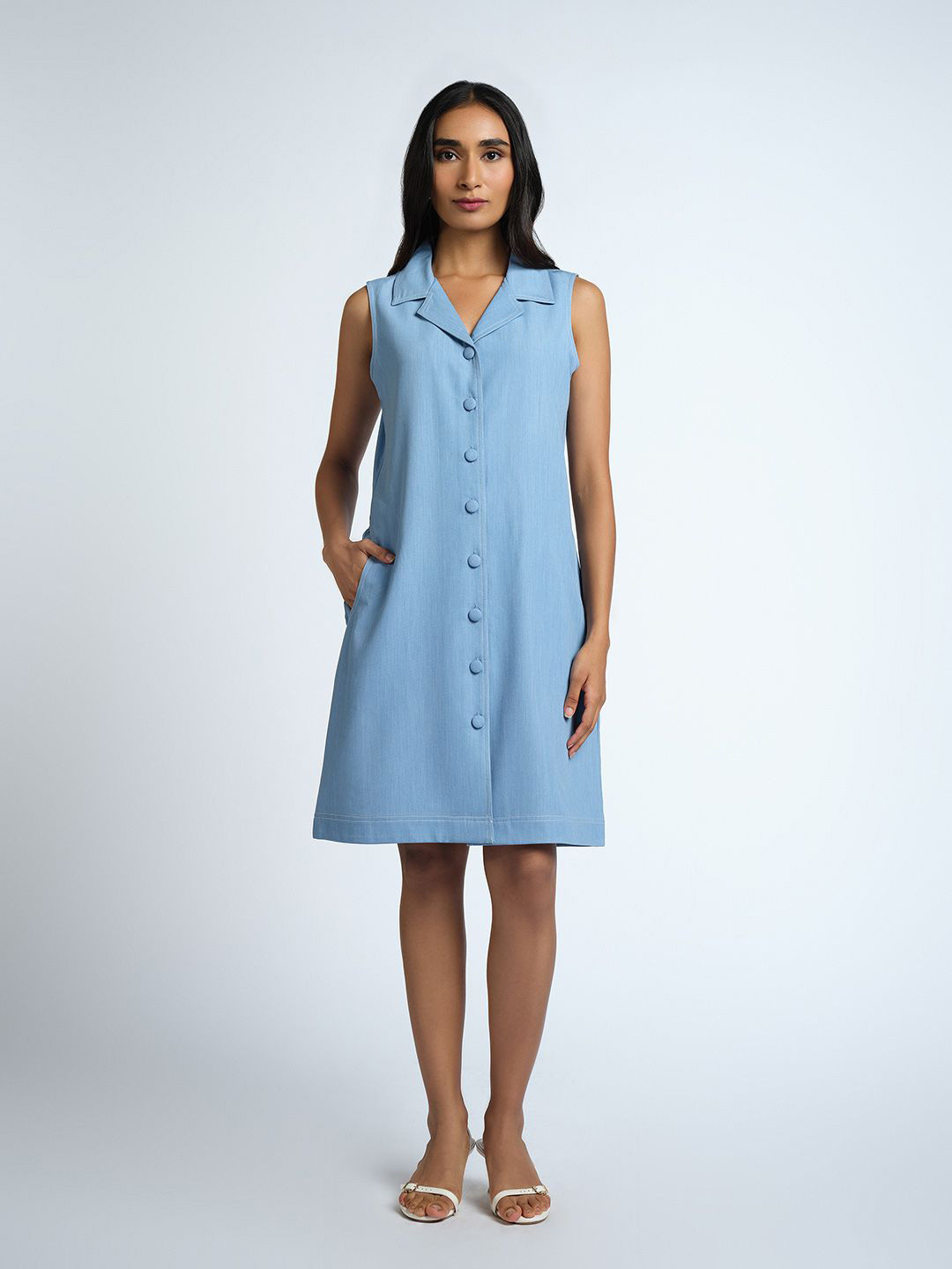 AND Women Shirt Collar Knee Length Shirt Dress