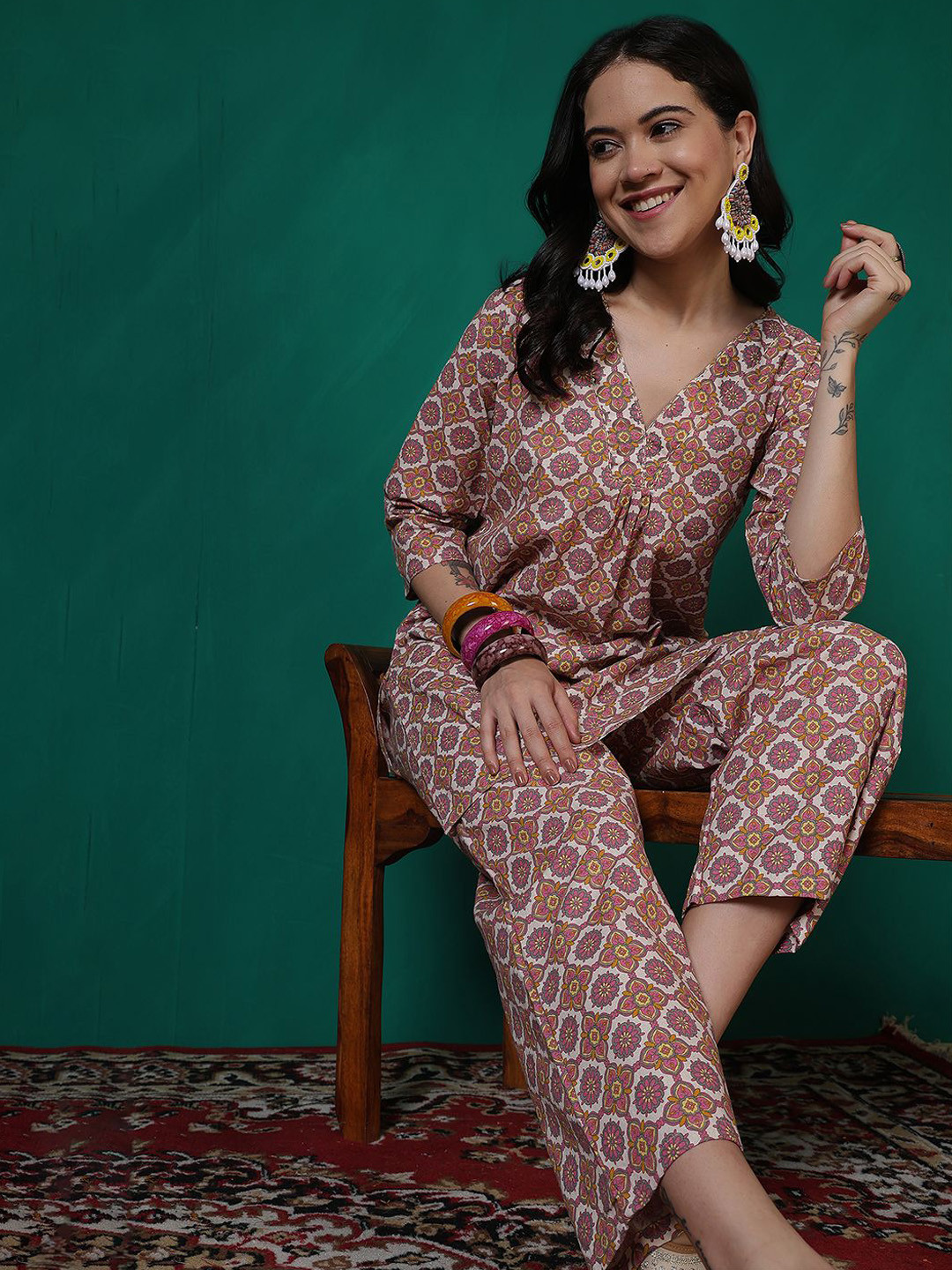 Sangria Floral Printed V-Neck Cotton Flex Tunic With Palazzo