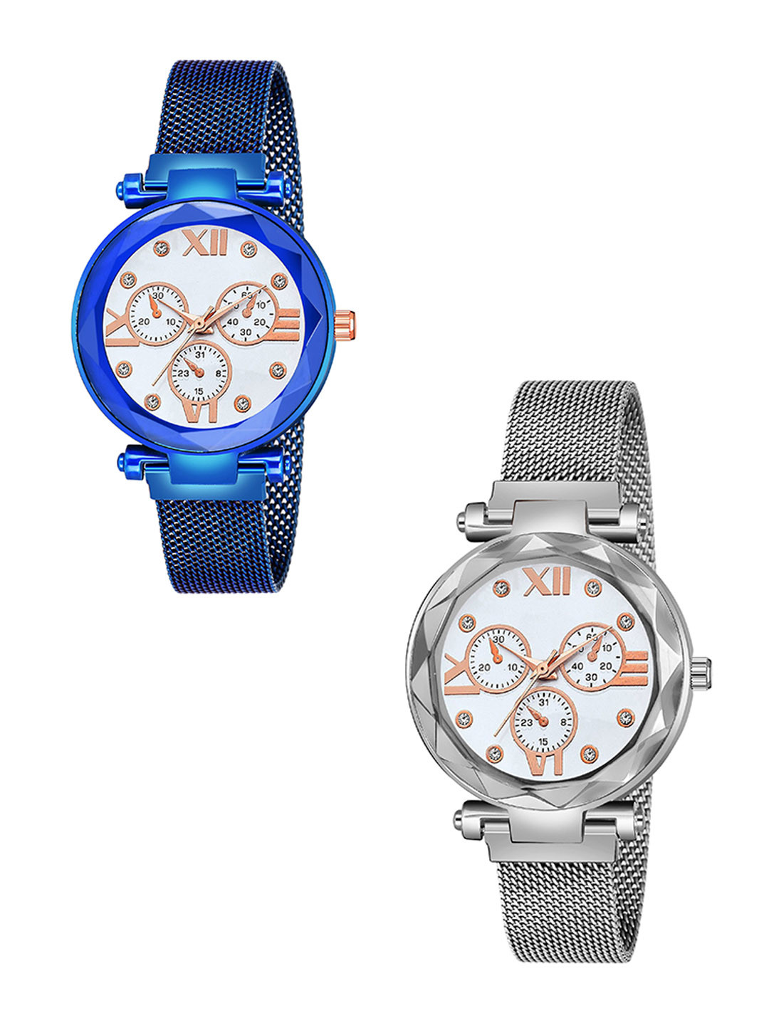 Gopal Shopcart Unisex Pack of 2 Dial & Straps Analogue Watch Mina White Dial Blue Silver