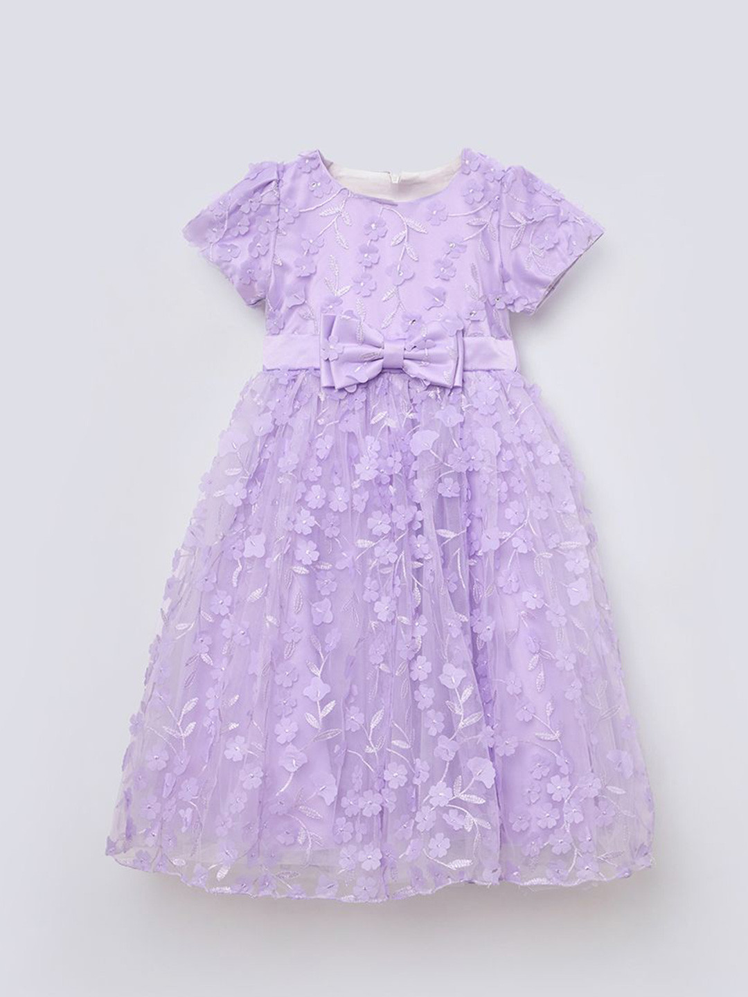 Blue Giraffe Girls Floral Embroidered Bows Flutter Sleeve A-Line Dress