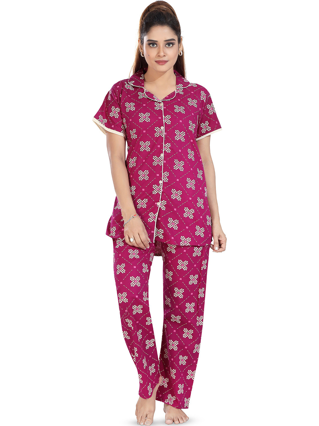 CINCO Women Printed Shirt Collar Night Suit