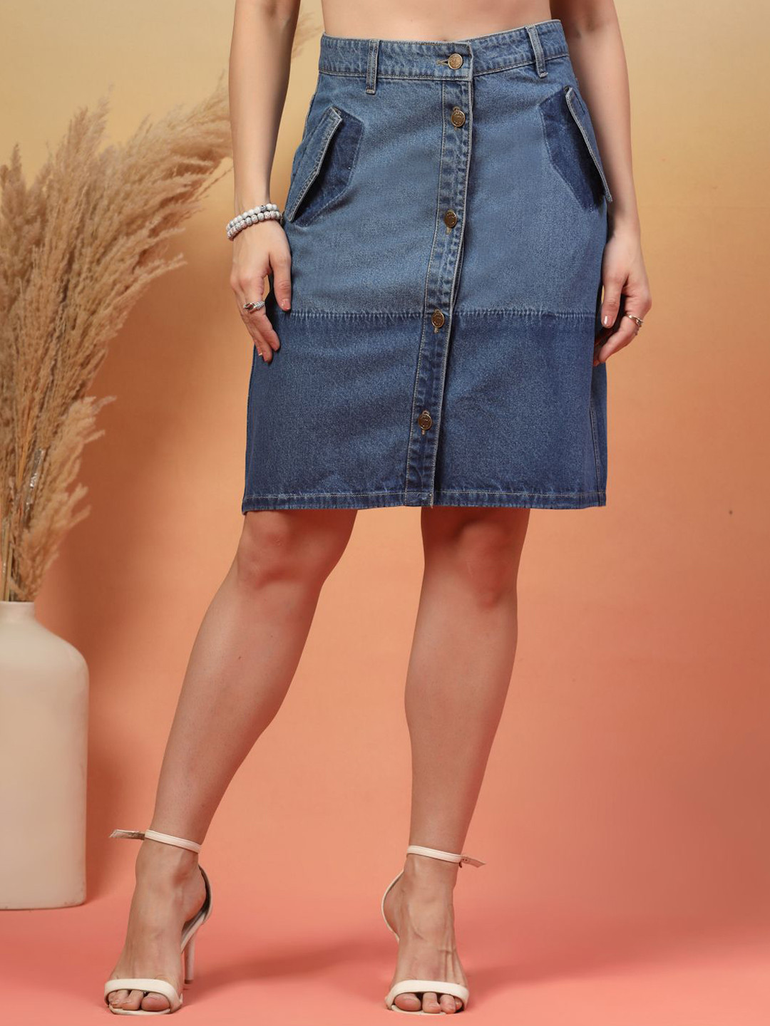 COSMIC TRIO Pure Cotton A-Line Above Knee Denim Skirt