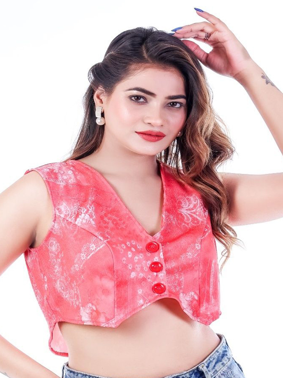 SAMM RANAISSANCE Women Abstract Printed Cotton Blouson Crop Top