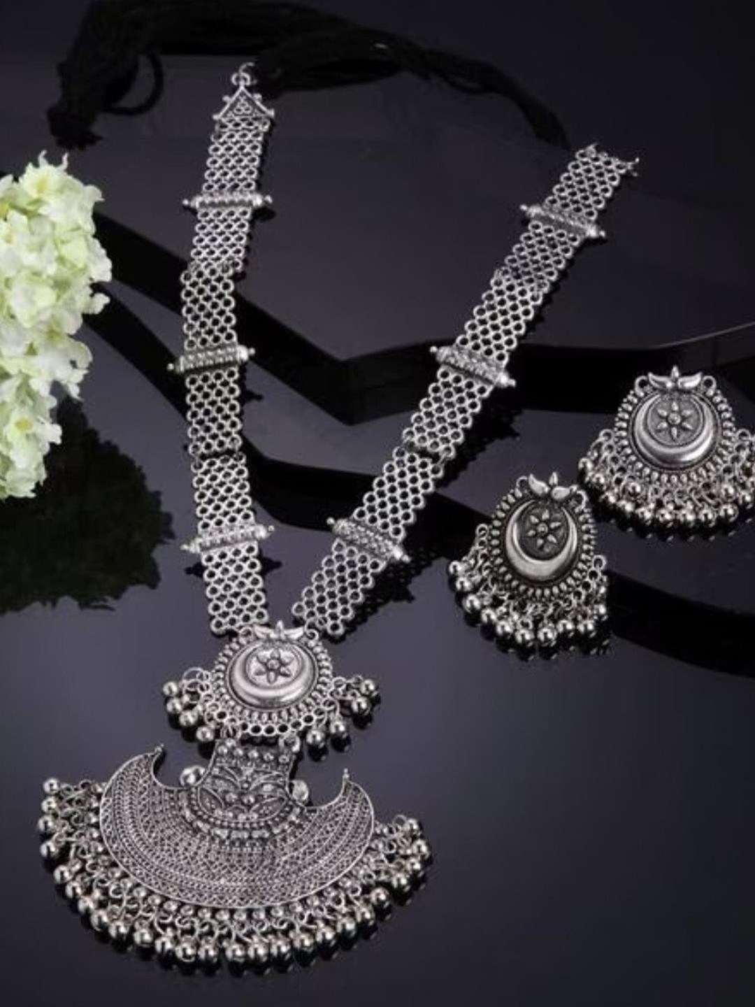 DEGHLAM German Silver Beaded Long Zali Jewellery Set