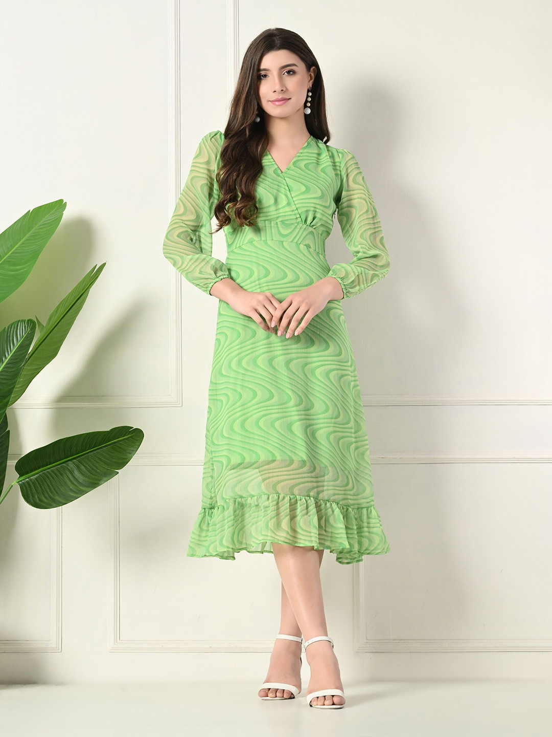 FLYING FEST Women Bell Sleeve Chiffon Fit & Flare Midi Dress