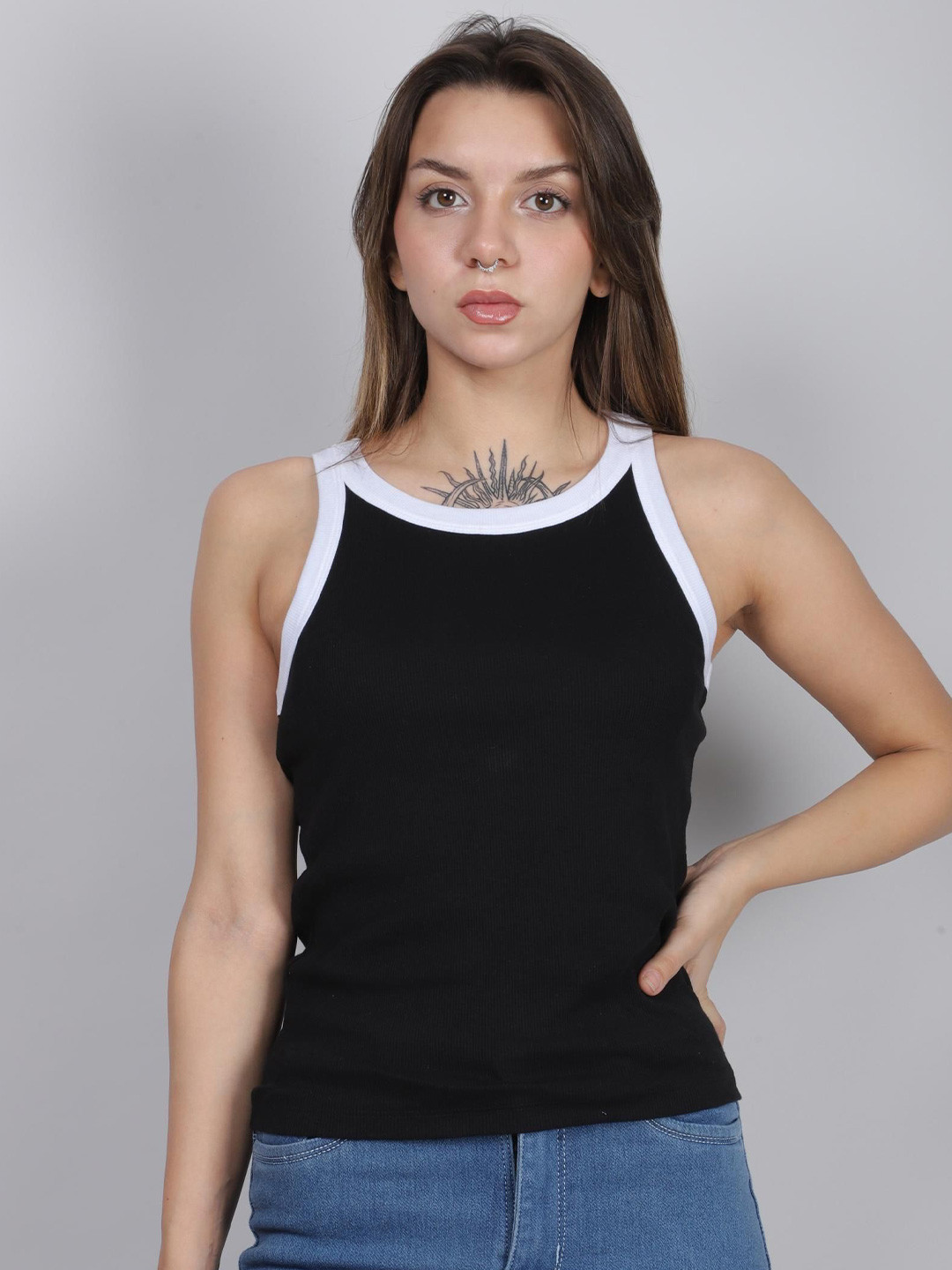 SWISHIN Women Ribbed Monochrome Tank Cotton Top