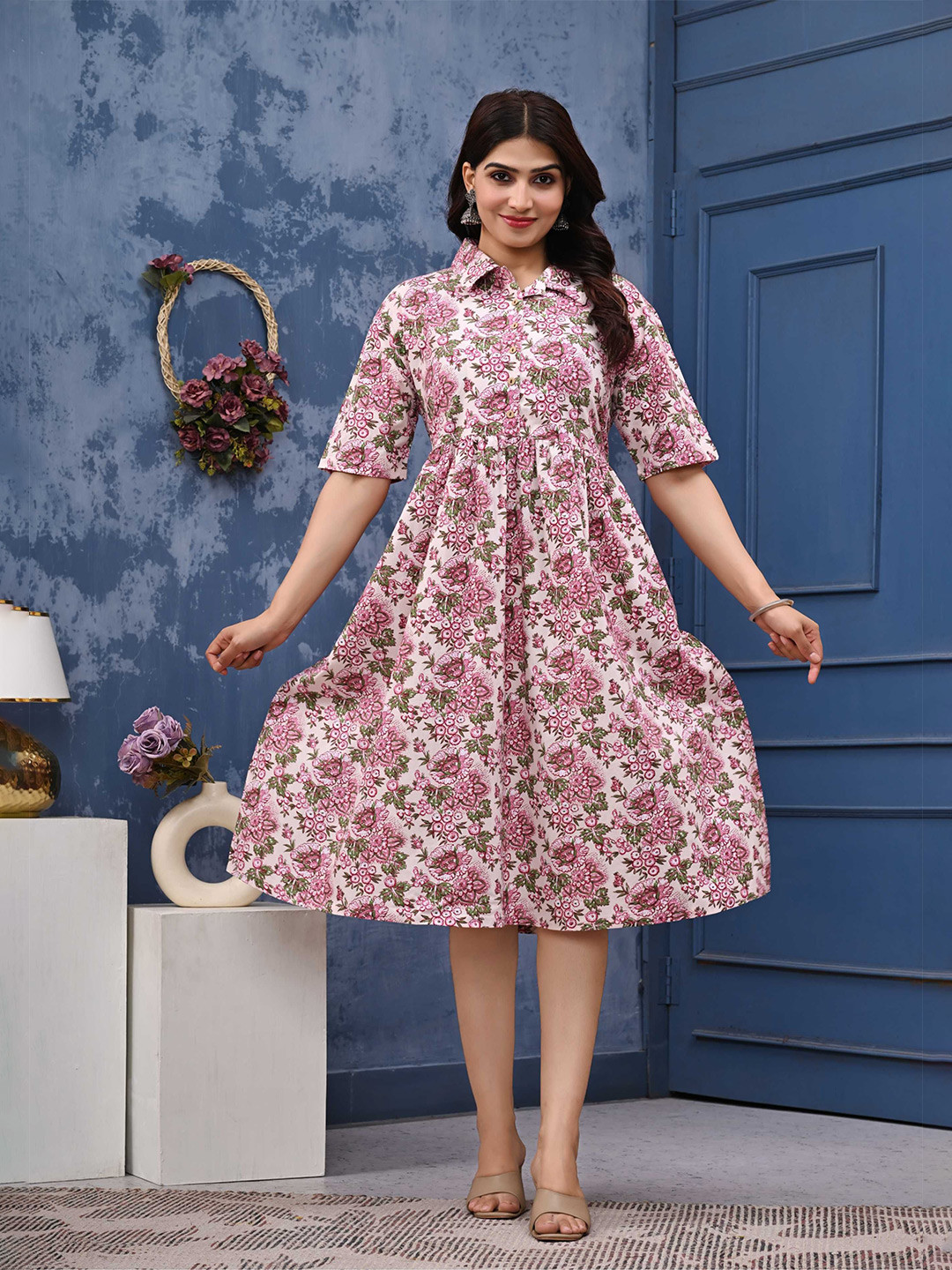 Billion Women Floral Printed Shirt Collar Cotton Shirt Midi Dress