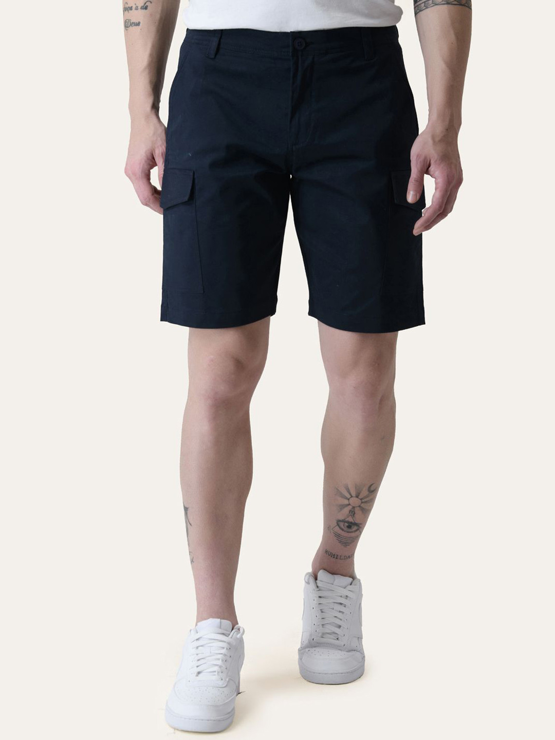 PERCH Men Navy Blue Twill Cotton Solid Shorts