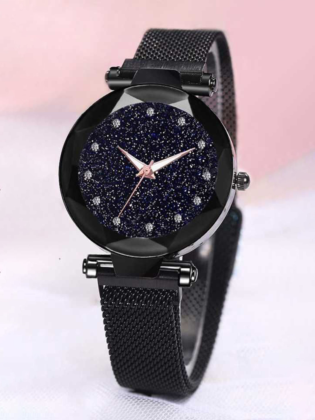 SELLORIA Women Round Dial & Stainless Steel Straps Analogue Watch 12Diamnd_ Black_Magnet