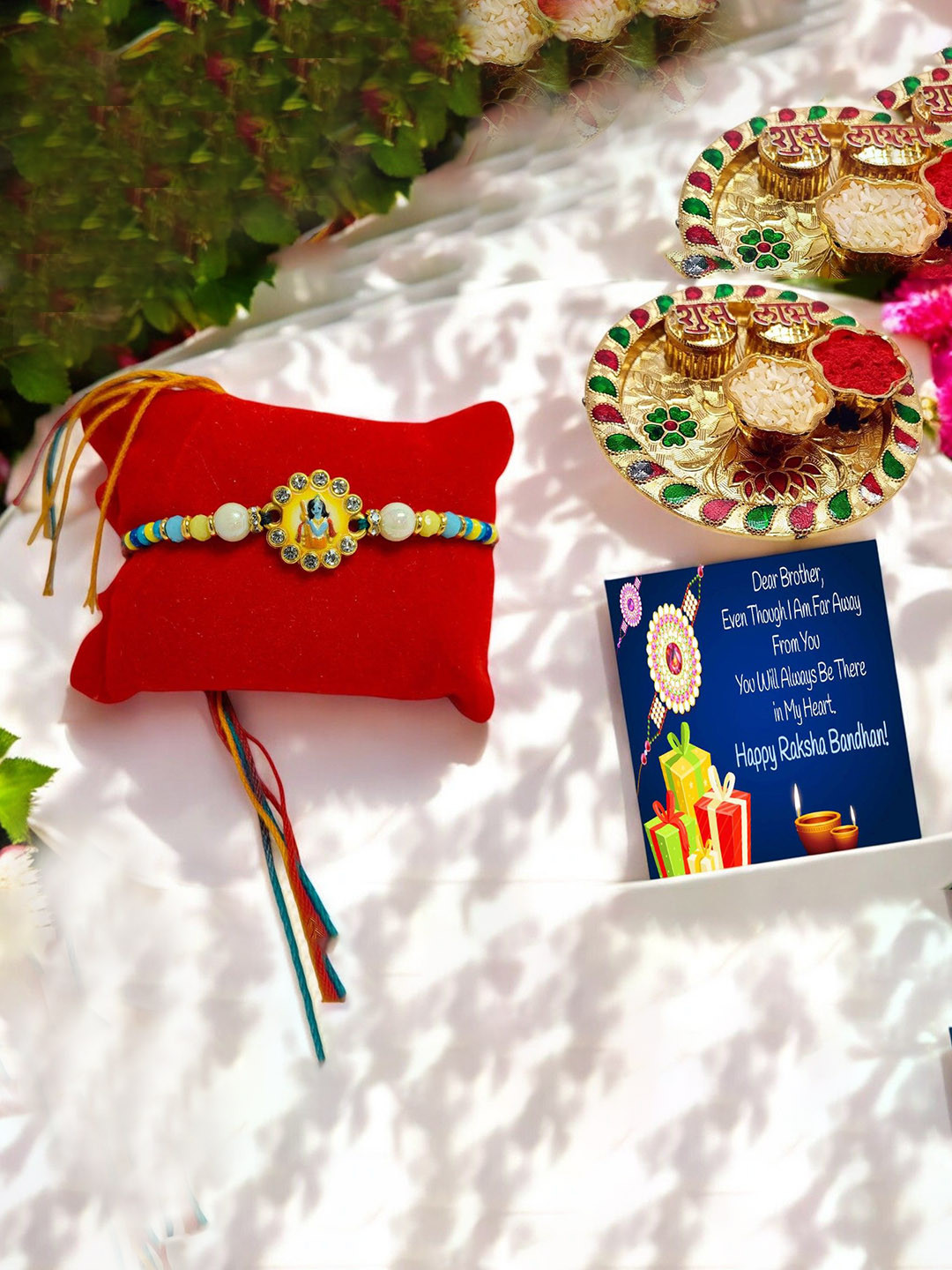 Vrinde Lord Krishna Beaded Rakhi Comes with Greeting Card & Roli Rise Plate