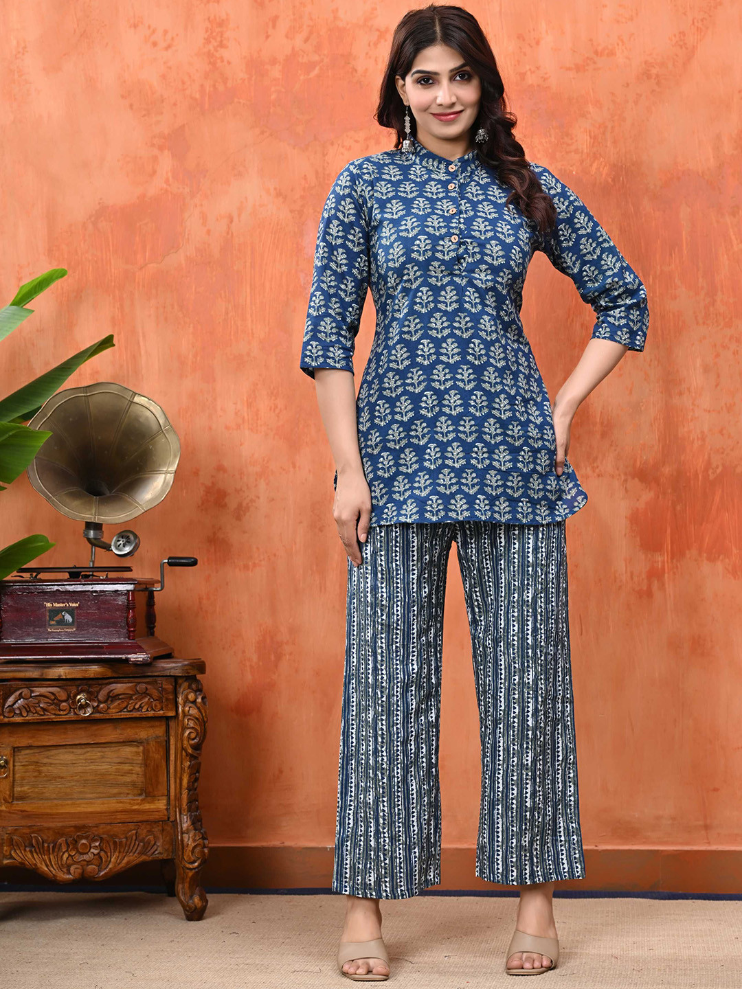 Billion Printed Mandarin Collar Pure Cotton Tunic With Trousers