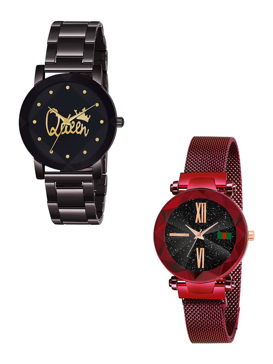 CSAMON Women Pack of 2 Printed Bracelet Style Analogue Watch Metal_Queen_379_Red_roman