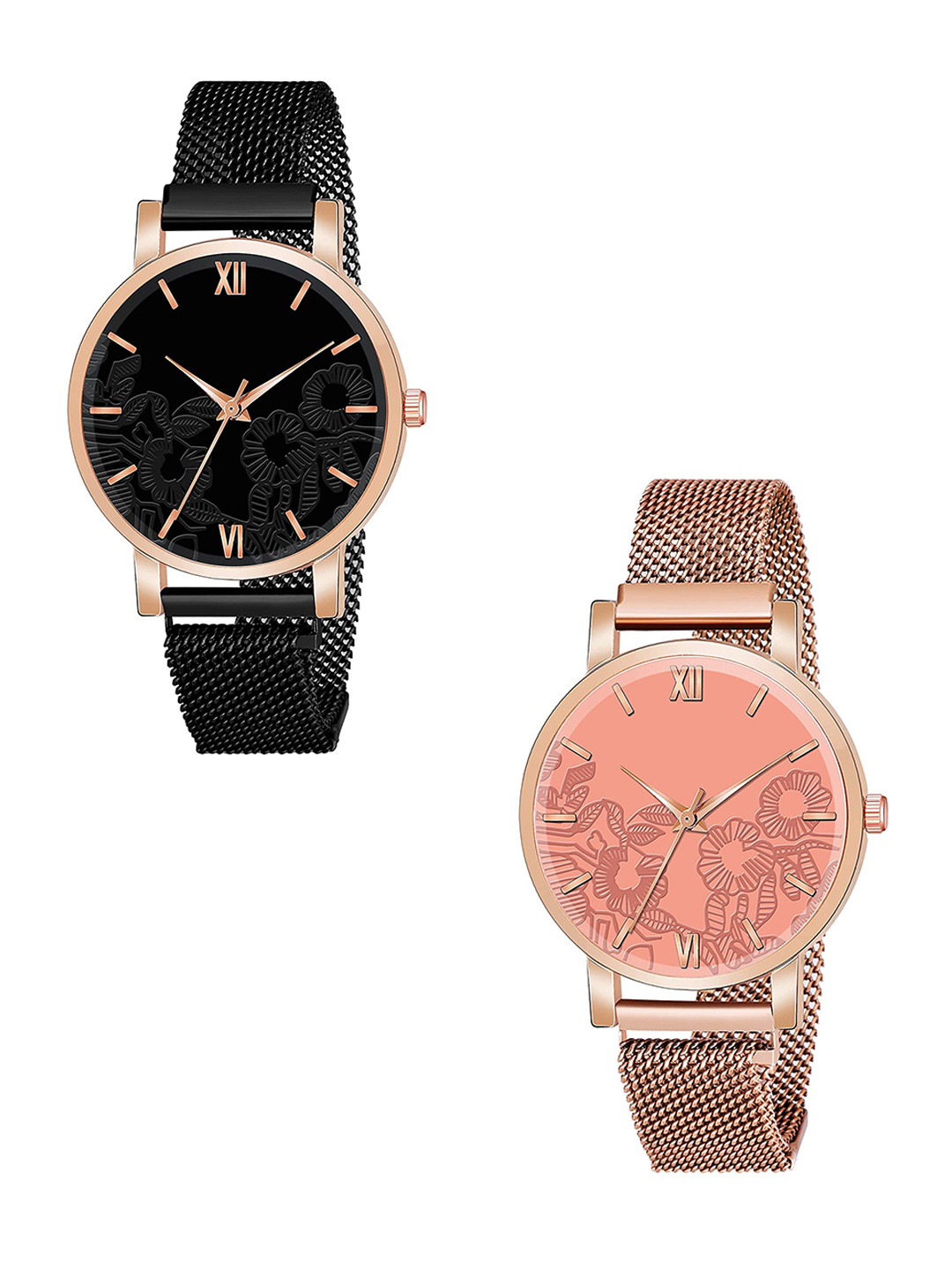 CSAMON Women Pack Of 2 Dial & Bracelet Style Straps Analogue Watch C36RG BLK ORG RG M R1
