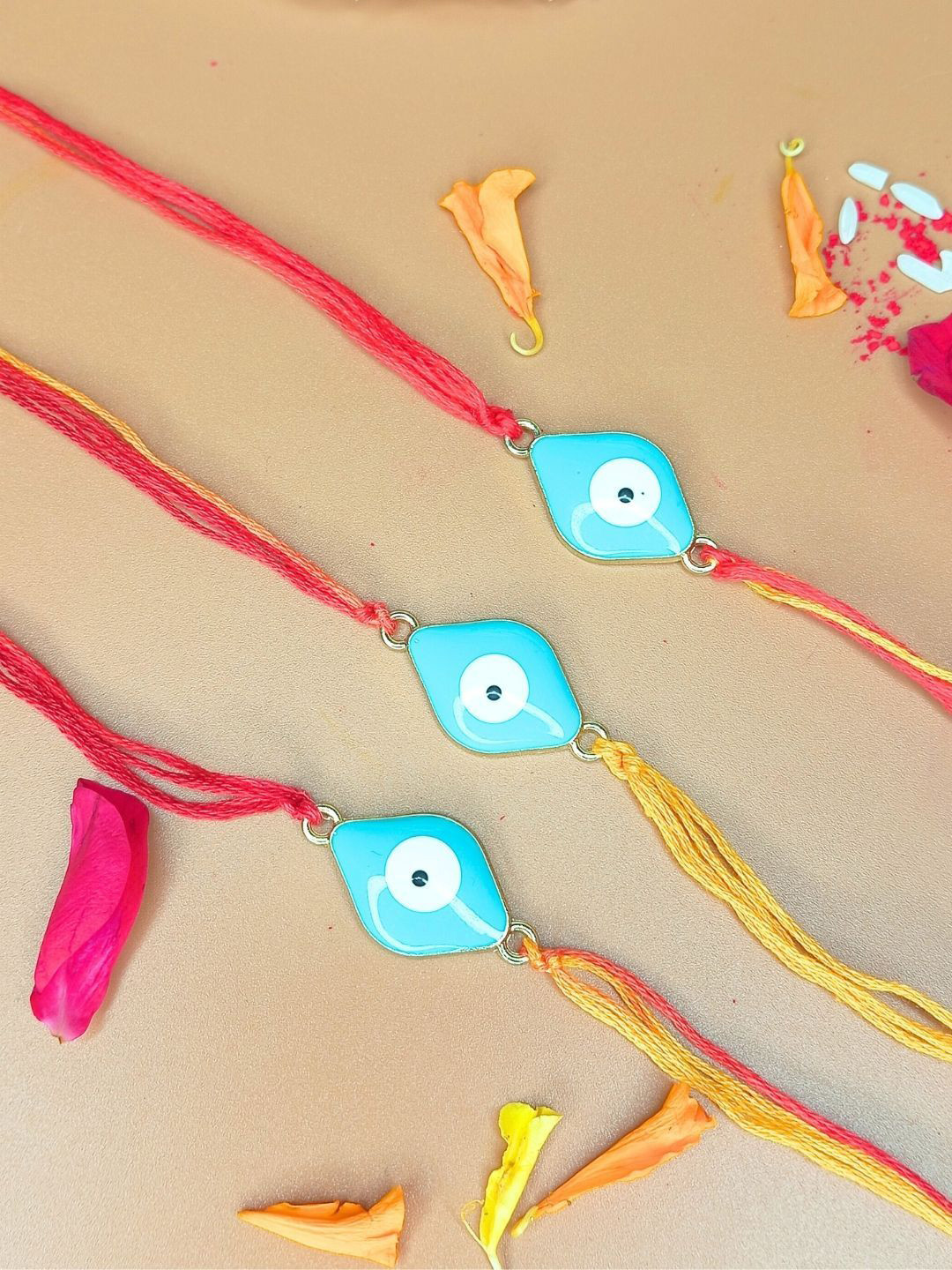 Anouk Set Of 3 Evil Eye Rakhi with Fun Card Roli & Chawal