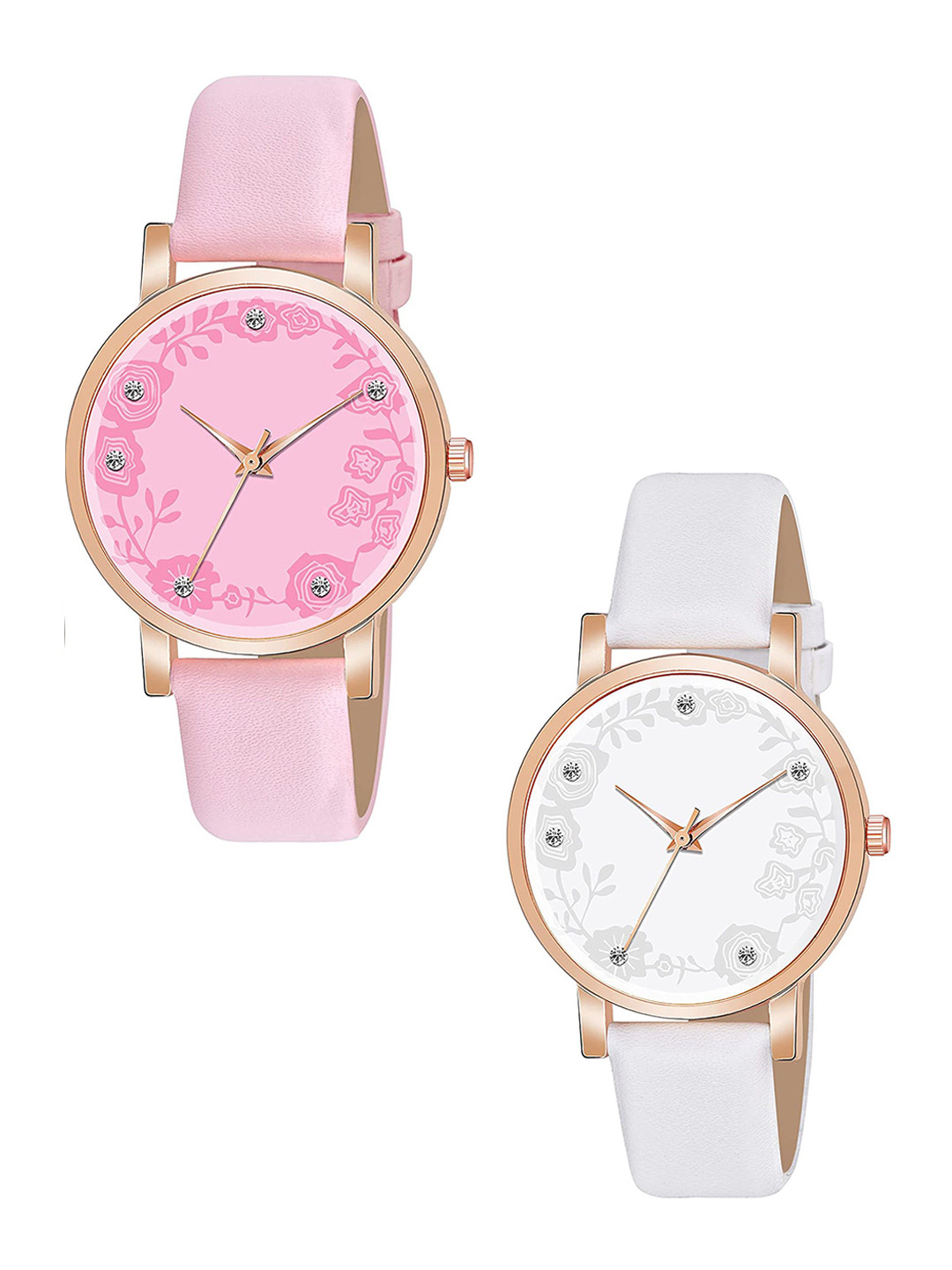 CSAMON Women Pack Of 2 Embellished Dial & Straps Analogue Watch C36RG PINK WH R2 Leather