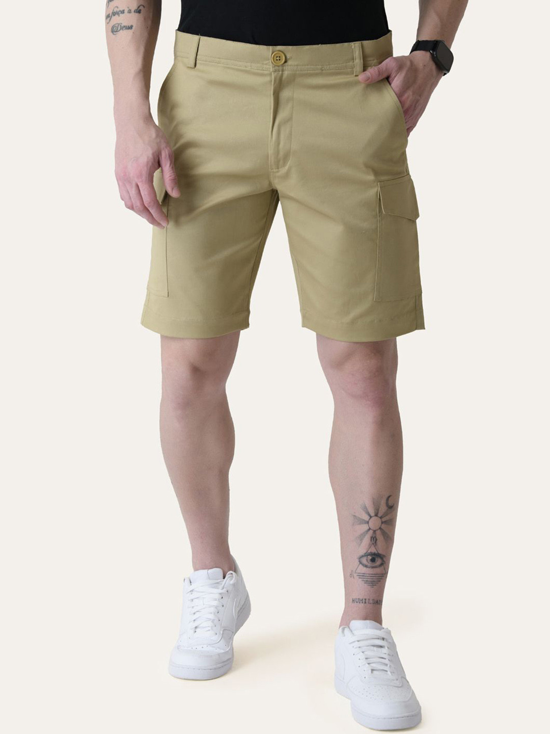 PERCH Men Twill Cotton Camel Brown Solid Cargo Shorts