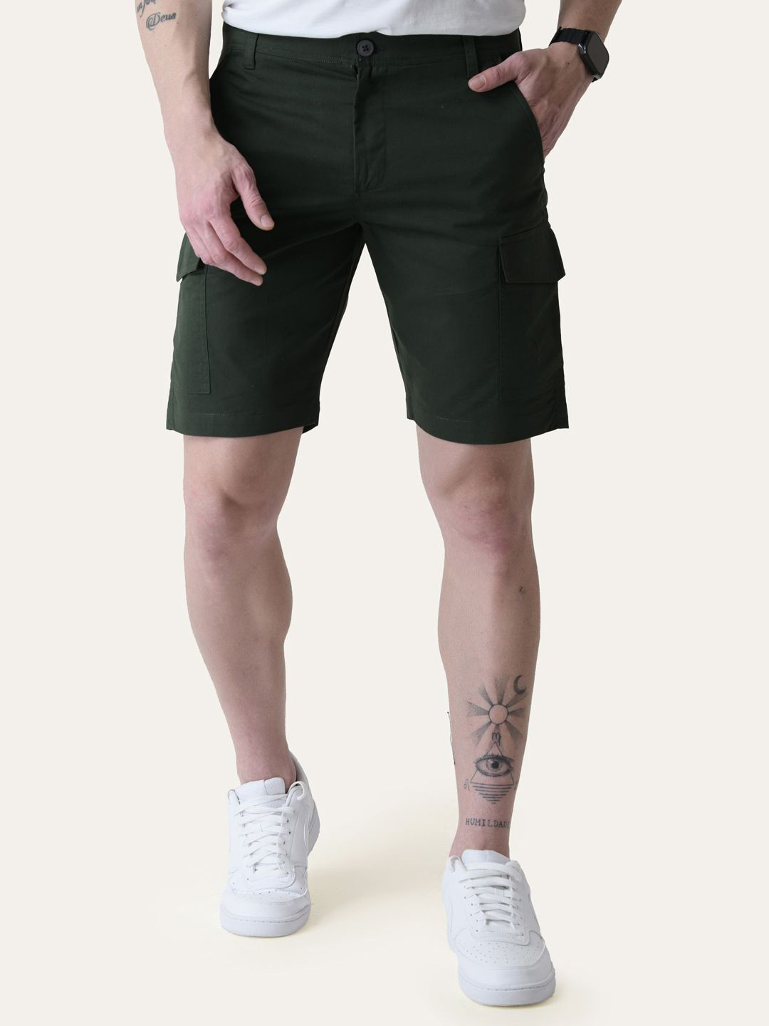 PERCH Men Twill Cotton Bottle Green Cargo Shorts