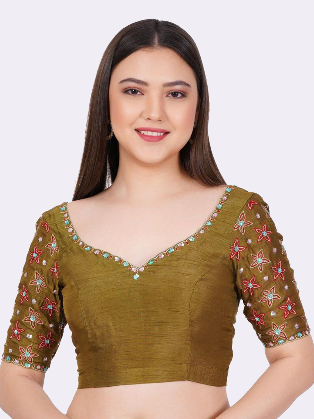 SUFIZA LIFESTYLE Floral Embroidered Sweetheart Neck Zardozi Silk Saree Blouse