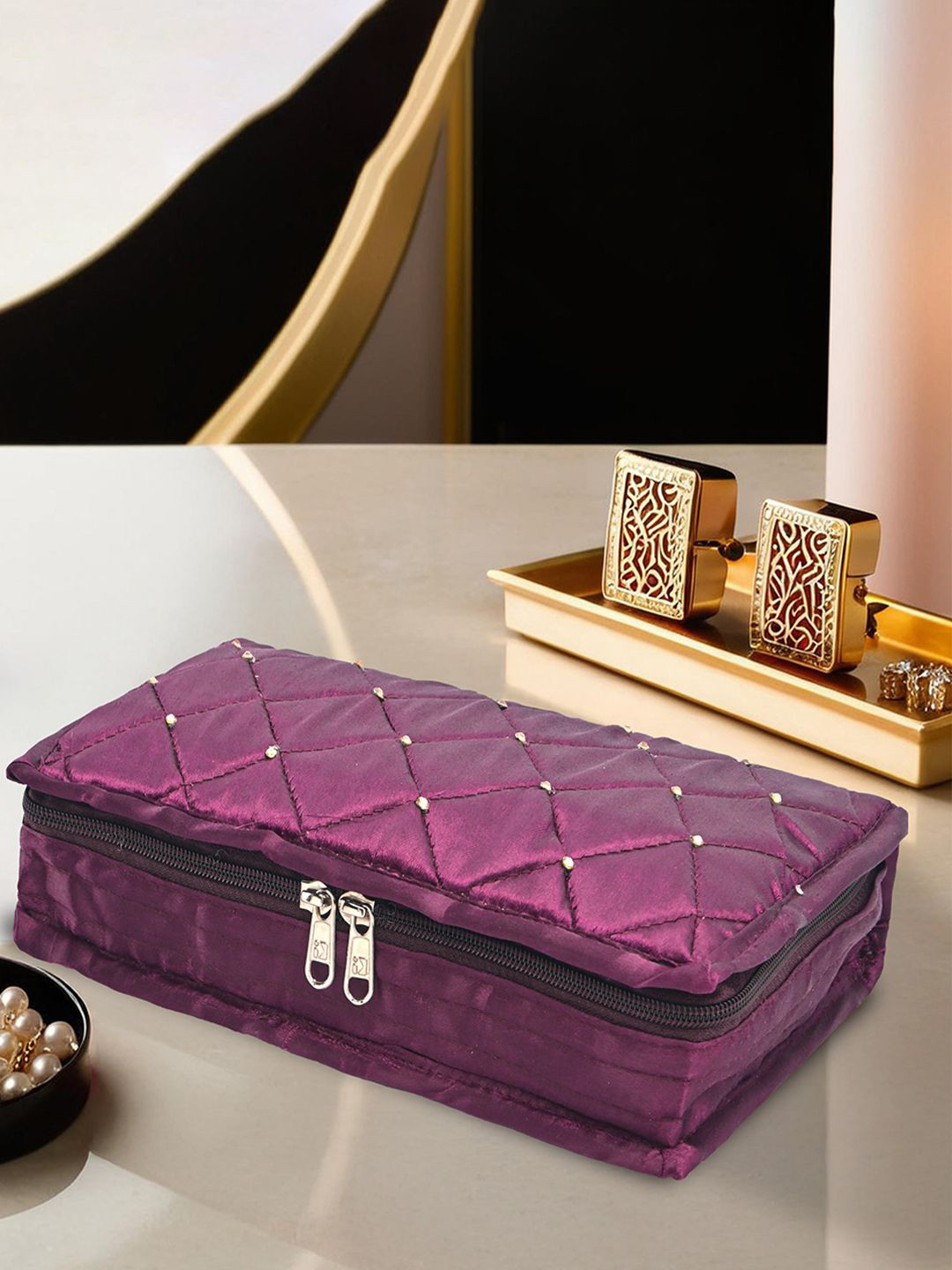 Kuber Industries Purple Satin Large Jewellery Organiser Kit with 6 Storage Pouche
