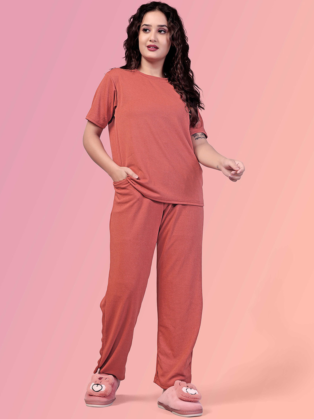 JK Creation Women Round Neck Top & Pyjamas Night Suits
