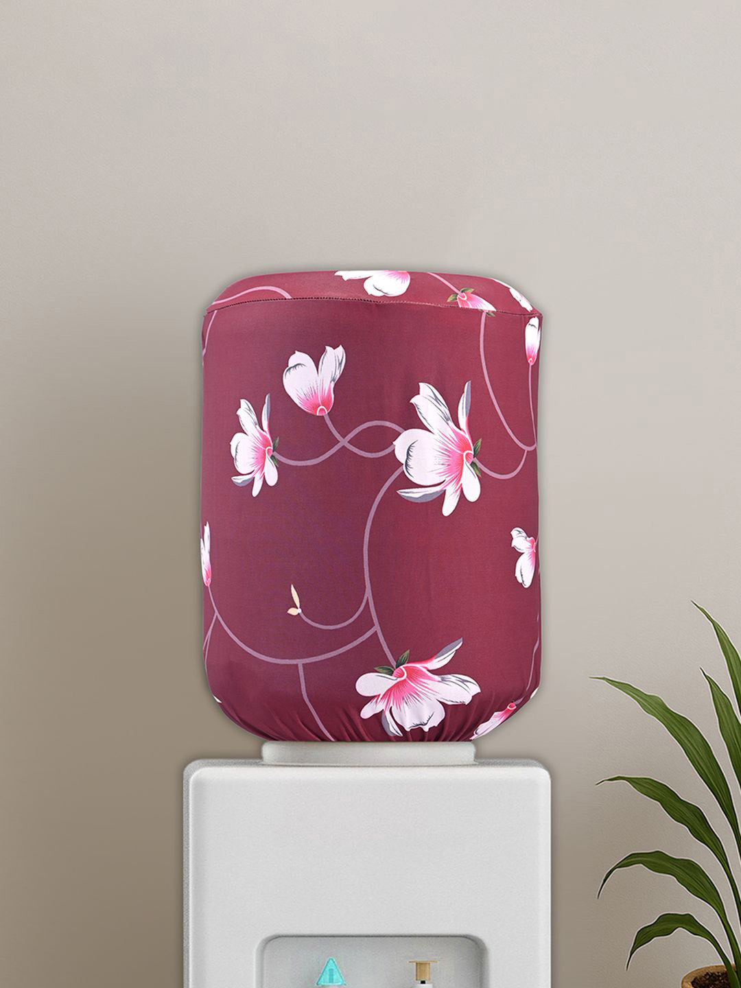 Kuber Industries Maroon & White Flower-Printed Dust-Proof Water Dispenser Bottle Cover