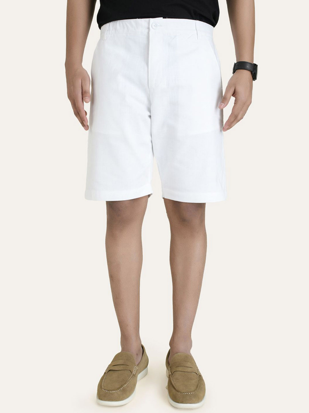 PERCH Men Linen White Mid-Rise Shorts