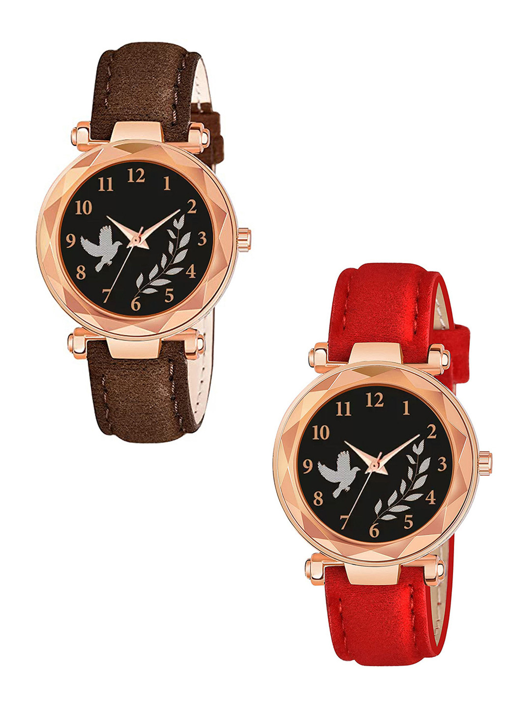 CSAMON Women Pack Of 2 Round Dial & Straps Analogue Watch GR379RG BIRD BRO RED Vel L
