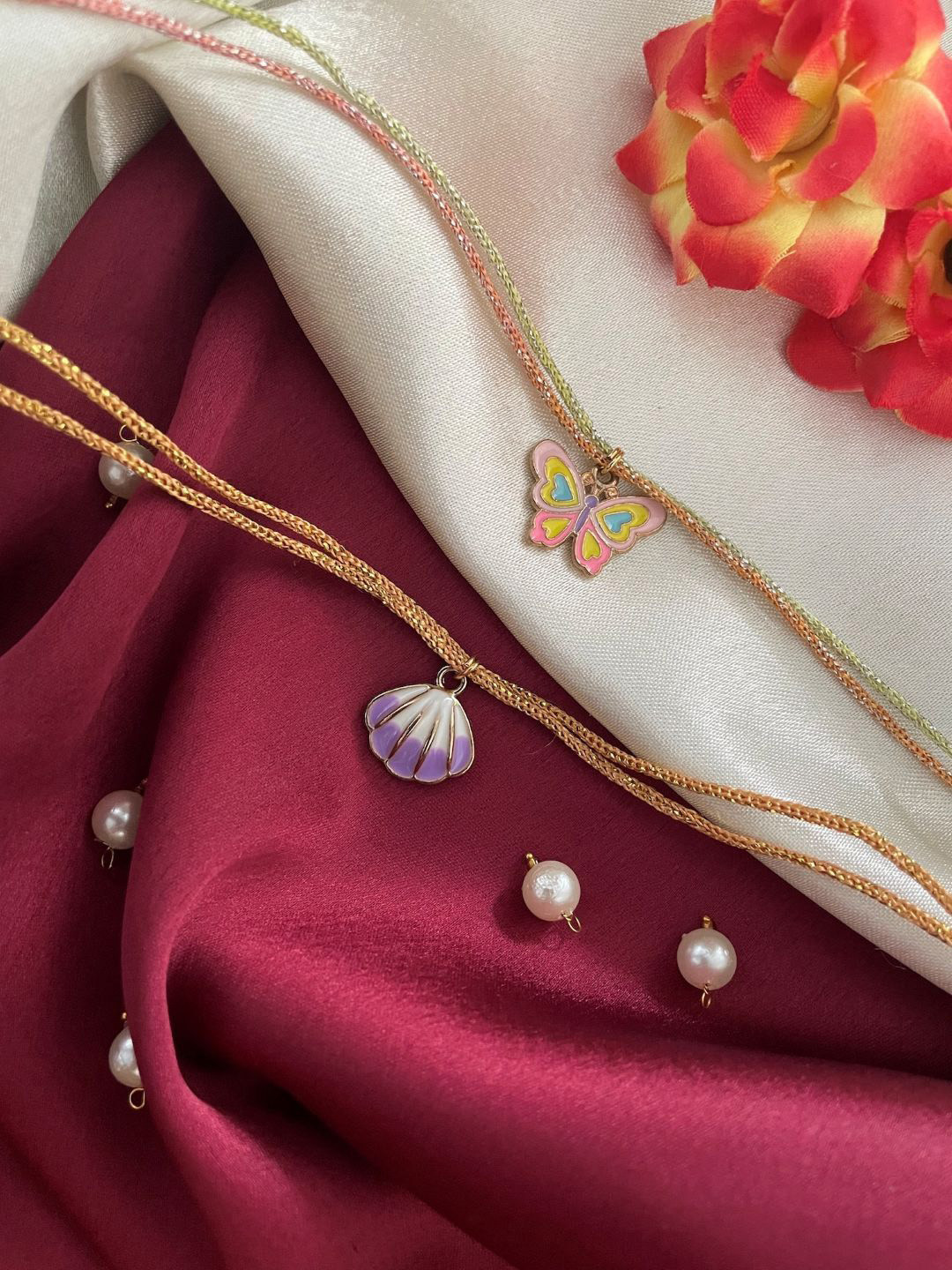 Digital Dress Room Set Of 2 Butterfly/Sea Shell Charms Multistrand Thread Rakhis