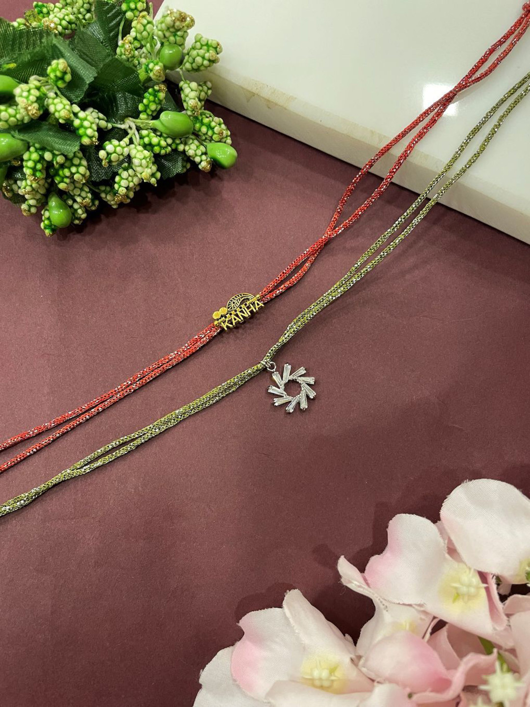 Digital Dress Room American Diamond Studded Chakra & Kanha Pendant Bhaiya Bhabhi Rakhi