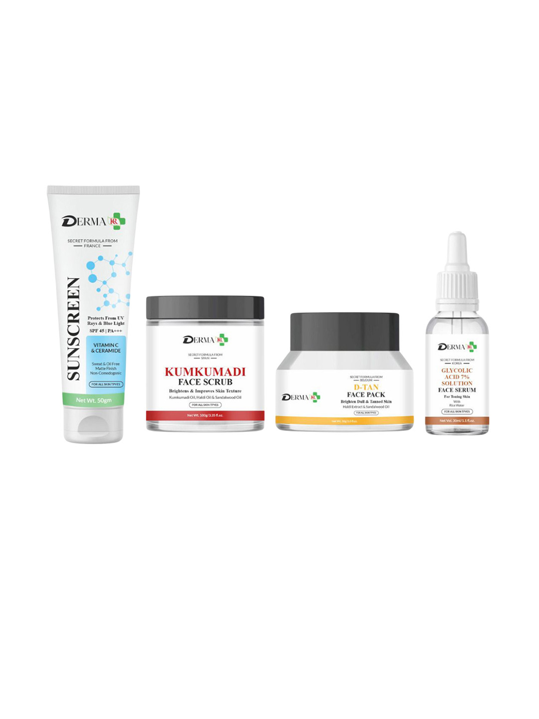DERMA KR Set Of 4 Ceramide Sunscreen, Face Pack, Kumkumadi Scrub & Serum Combo