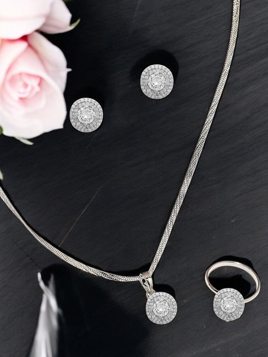 fabula Cubic Zirconia Stone-Studded Round Solitaire Jewellery Set