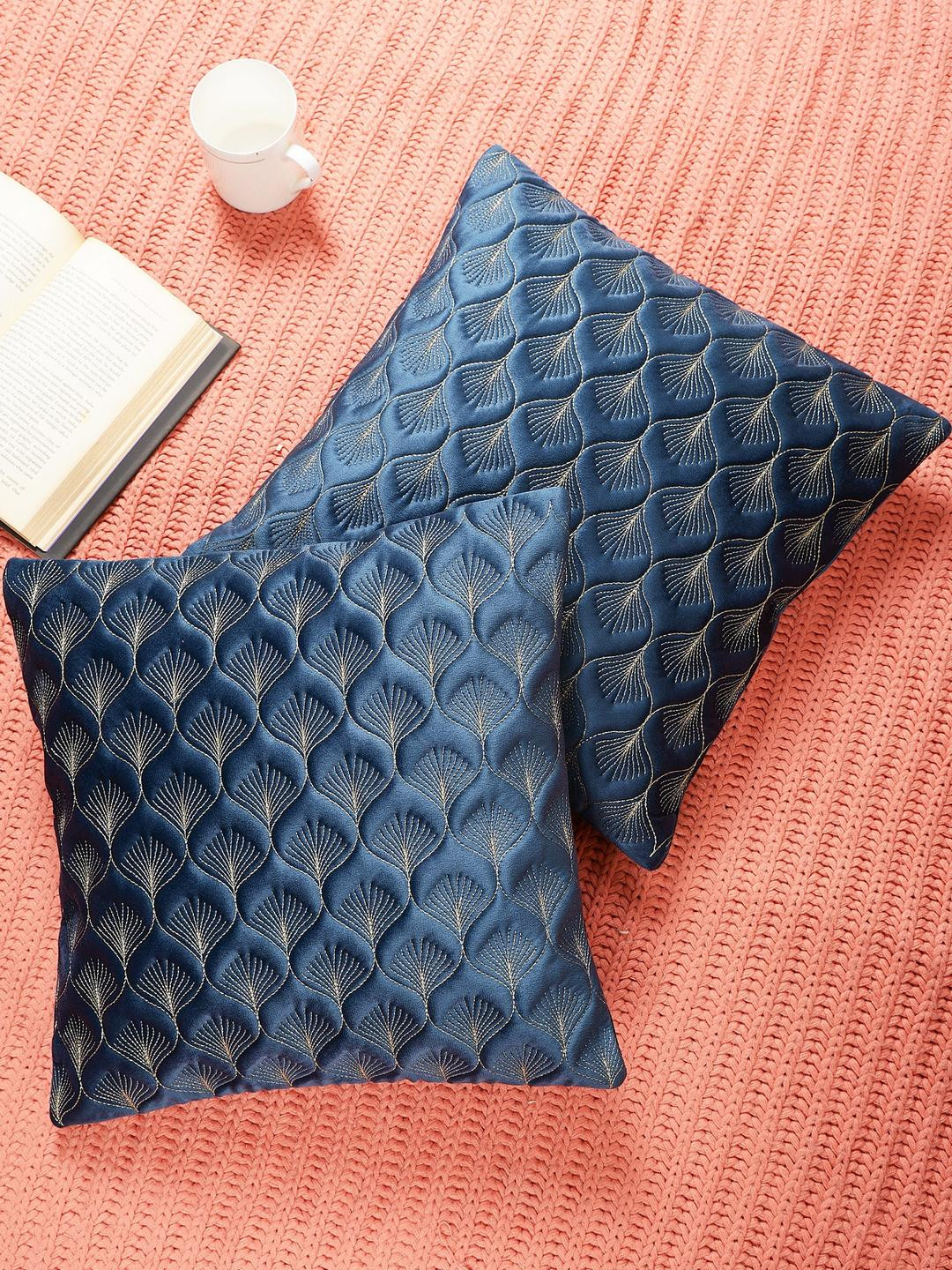 Blue Color Feather Design, Set of 2 Pieces Velvet Cushion Cover