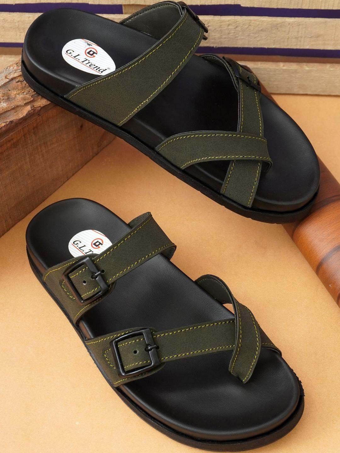 G L Trend Men Olive Leather Casual Comfort Orthopedic Slip-On Sandals