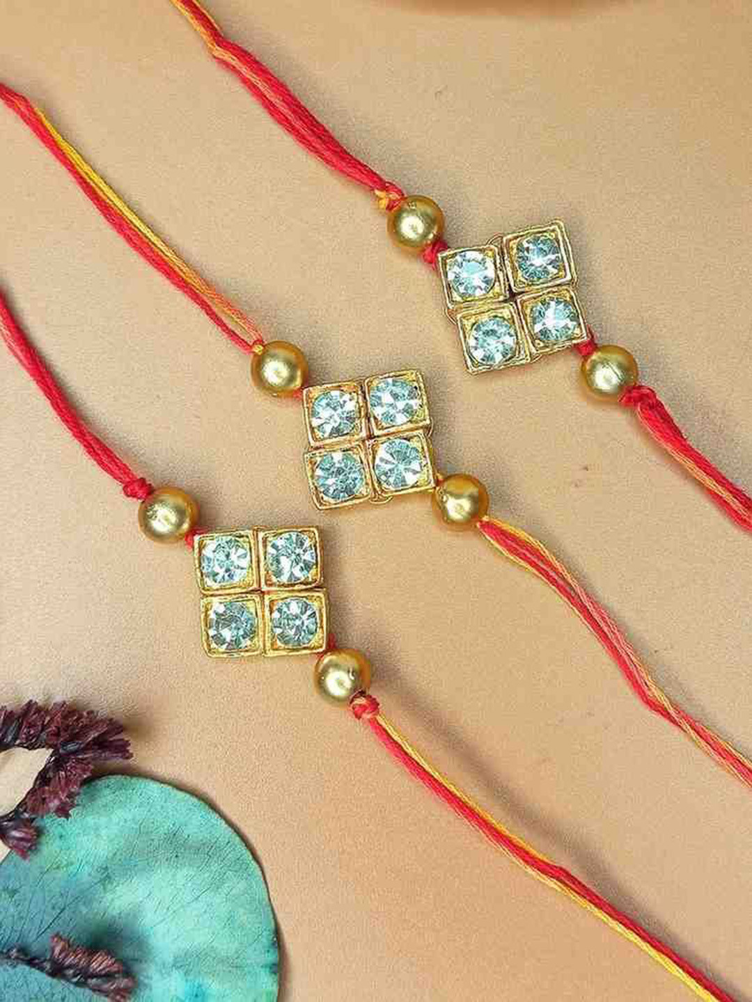 Anouk Set Of 3 Diamond Rakhi Wth Quirky Card, Roli & Chawal
