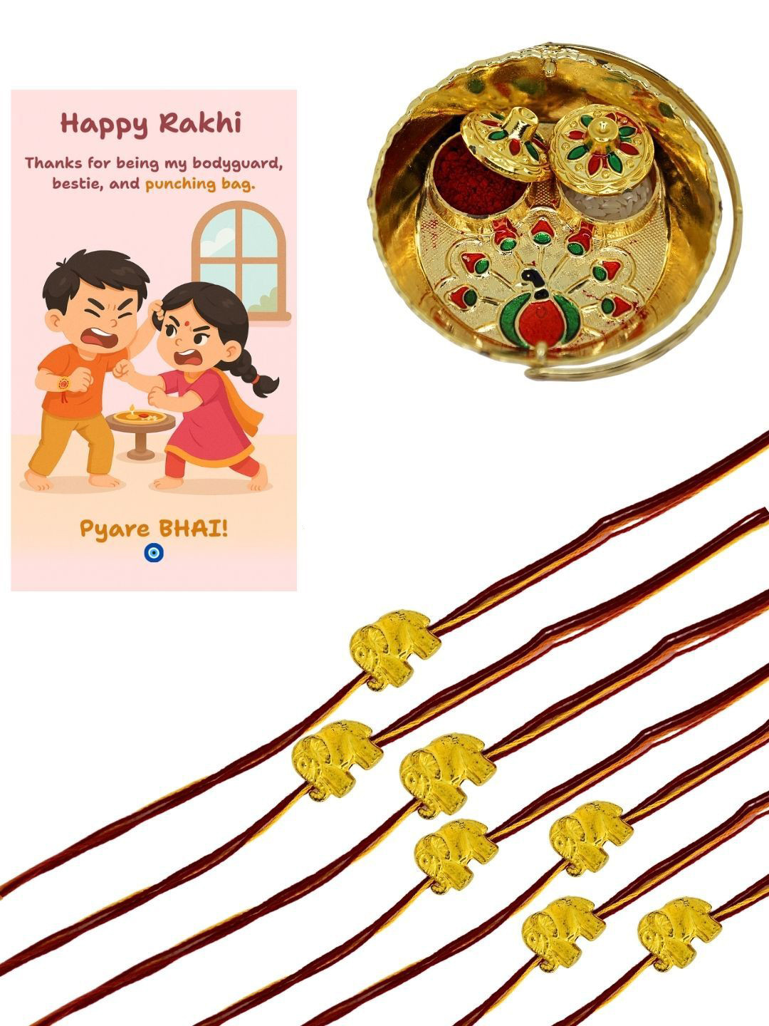 Anouk Set Of 12 Elephant Rakhi with Card & Roli Rice Pooja Thali