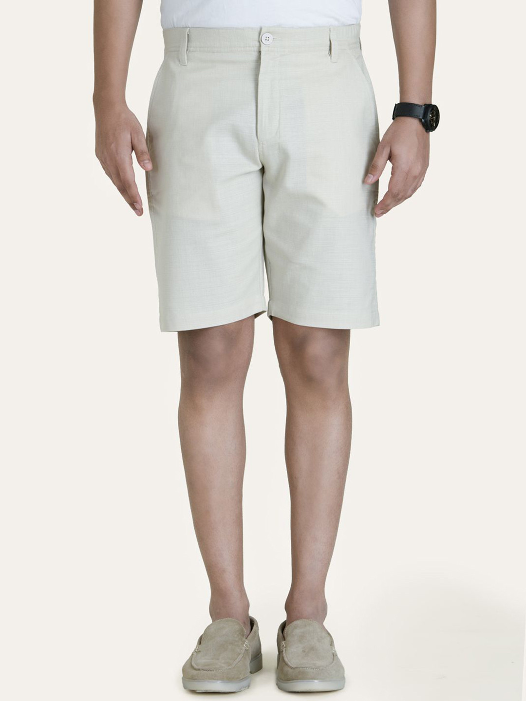 PERCH Men Linen Beige Solid Shorts