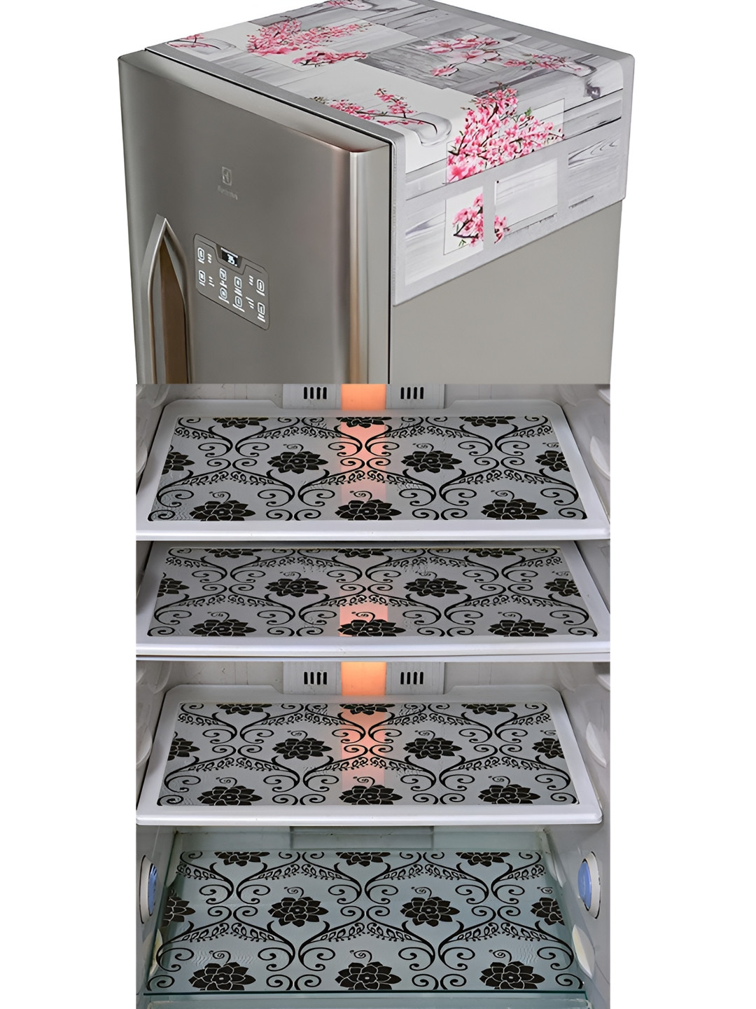 LooMantha 5-Pcs Black Printed Fridge Cover &Organizers