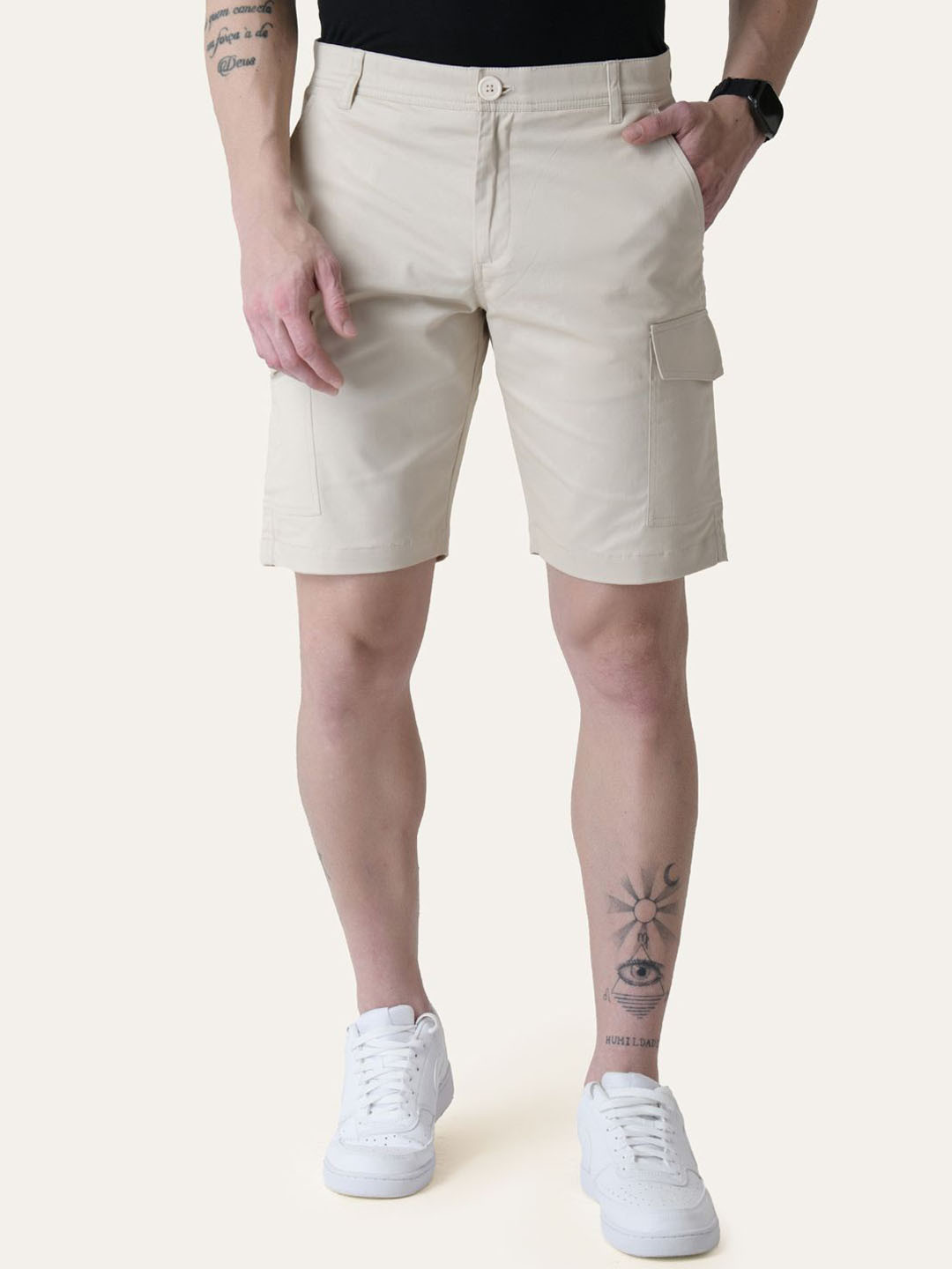 PERCH Men Twill Cotton Cream Solid Shorts