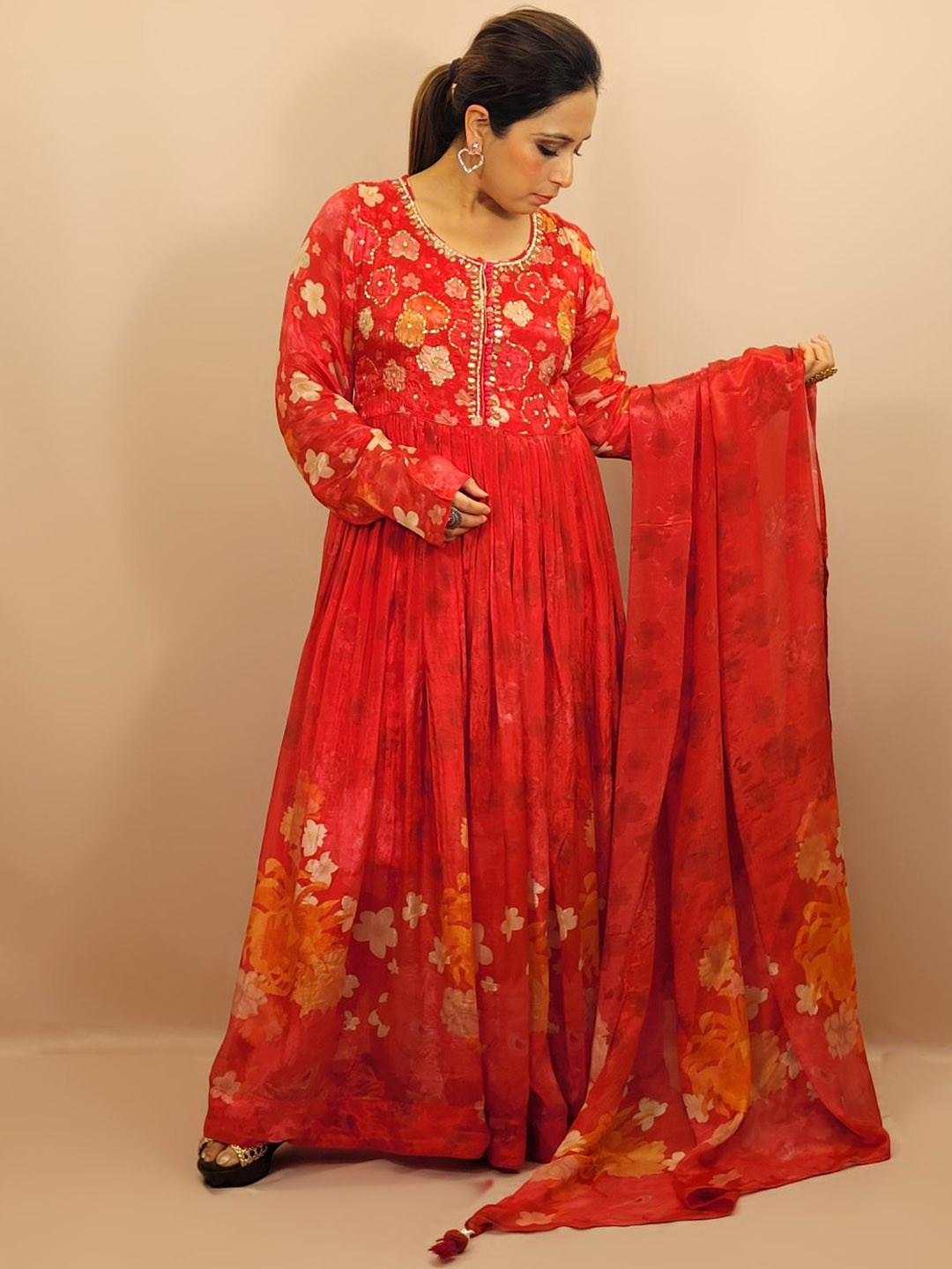 SAKSHI- The Wedding Store Women Embroidered Beads and Stones Kurta with Trousers & Dupatta