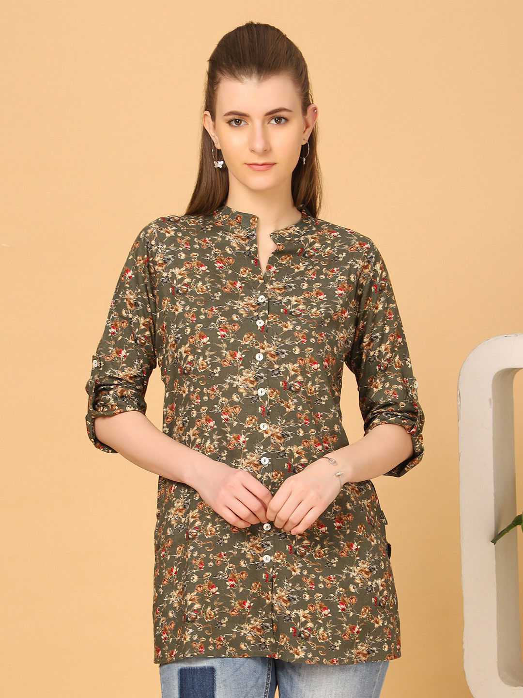 SANAA Floral Printed Mandarin Collar Kurti