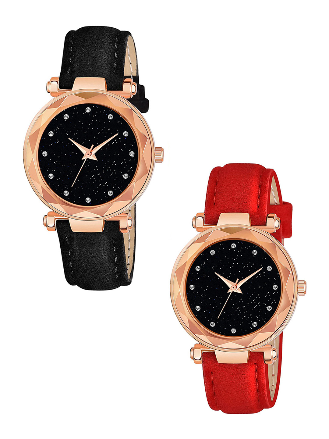 CSAMON Women Pack of 2 Round Dial Analogue Watch GR379RG 12D BLK RED Vel L