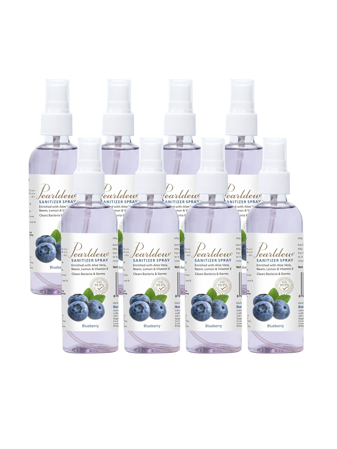 Pearldew Set Of 8 Hand Sanitizer With Neem & Aloe Vera - 120 ml Each- Blueberry