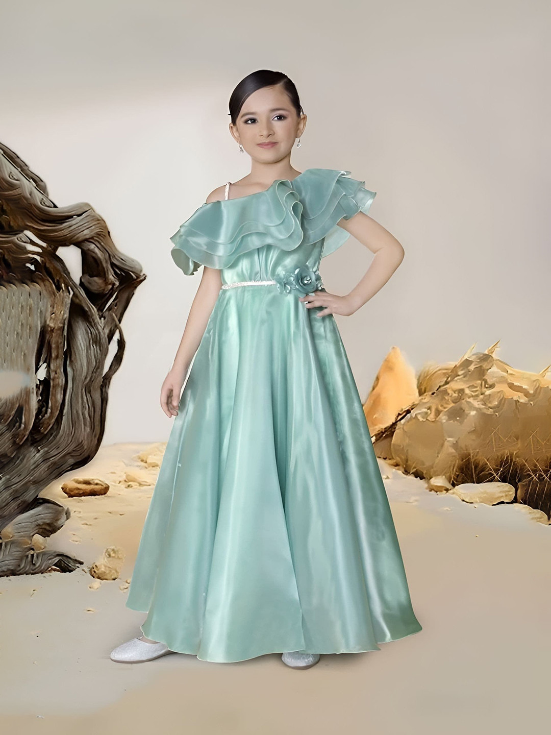 BAESD Girls Asymmetric Neck Flutter Sleeve Satin Gown Maxi Dress